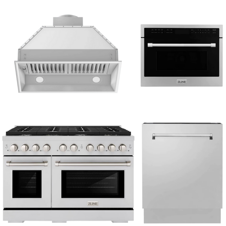 ZLINE Appliance Package - 48" Gas Range, Range Hood Insert, Microwave Oven and Dishwasher, 4KP-SGRRHI48-MODWV