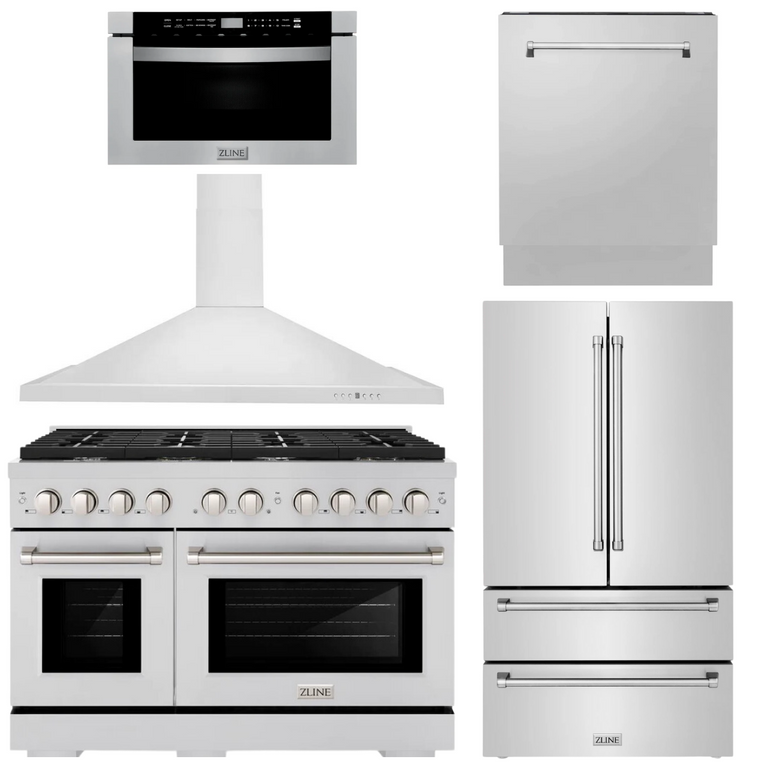ZLINE Appliance Package - 48" Gas Range, Range Hood, Refrigerator with Ice Maker, Dishwasher and Microwave Drawer, 5KPR-SGRRH48-MWDWV