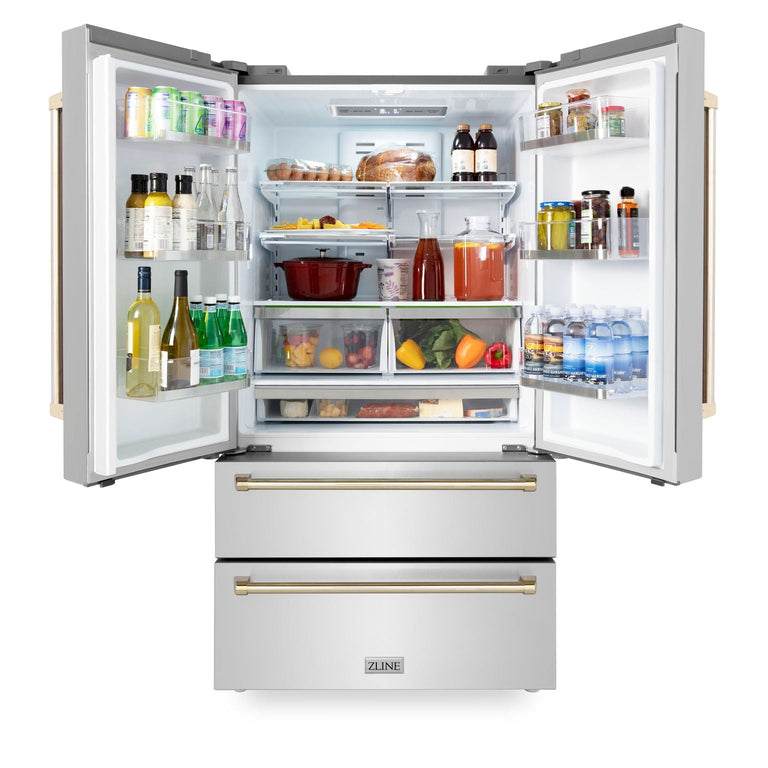 ZLINE Autograph Package - 48" Dual Fuel Range, Range Hood, Refrigerator,  Microwave and Dishwasher in Stainless Steel with Gold Accents