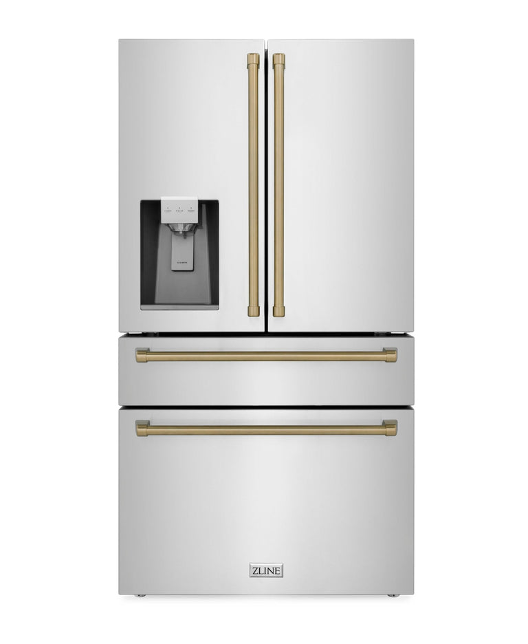 ZLINE Autograph Bronze Package - 48" Rangetop, 48" Range Hood, Dishwasher, Refrigerator with External Water and Ice Dispenser, Microwave Oven