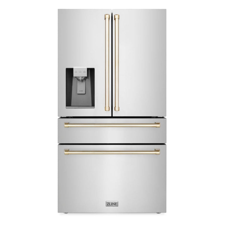 ZLINE Autograph Gold Package - 48" Rangetop, 48" Range Hood, Dishwasher, Refrigerator with External Water and Ice Dispenser, Microwave Oven