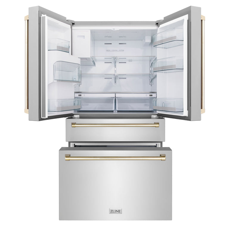 ZLINE Autograph Gold Package - 36" Rangetop, 36" Range Hood, Dishwasher, Refrigerator with External Water and Ice Dispenser