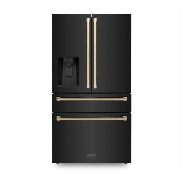 ZLINE Autograph Package - 48" Dual Fuel Range, Range Hood, Refrigerator with Water and Ice Dispenser, Microwave and Dishwasher in Black Stainless Steel with Bronze Accents