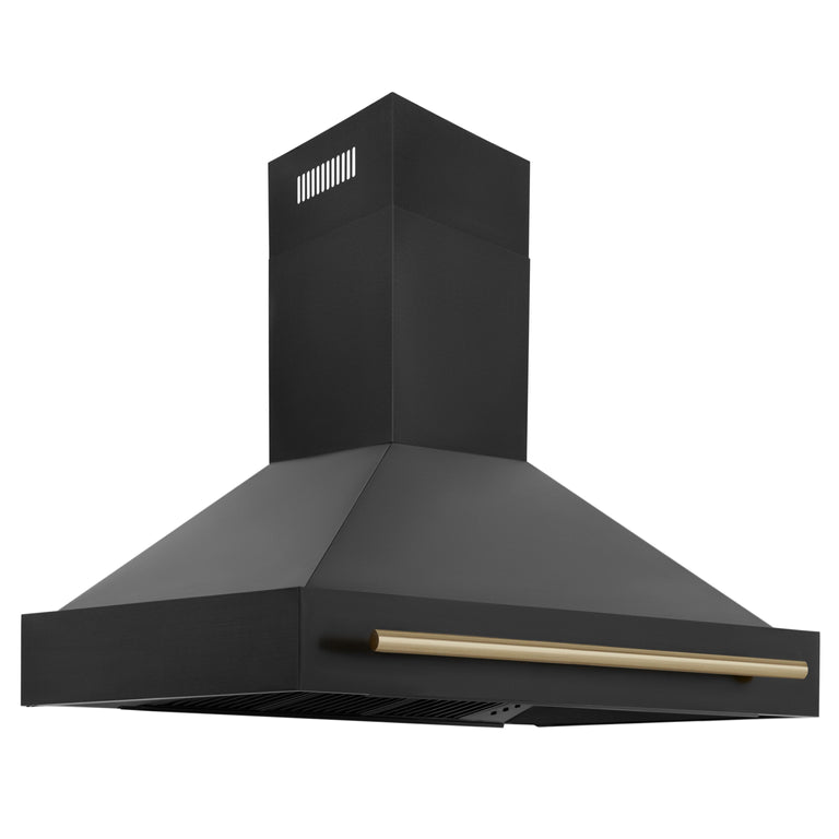 ZLINE Autograph Package - 48" Dual Fuel Range, Range Hood, Refrigerator, Microwave and Dishwasher in Black Stainless Steel with Bronze Accents