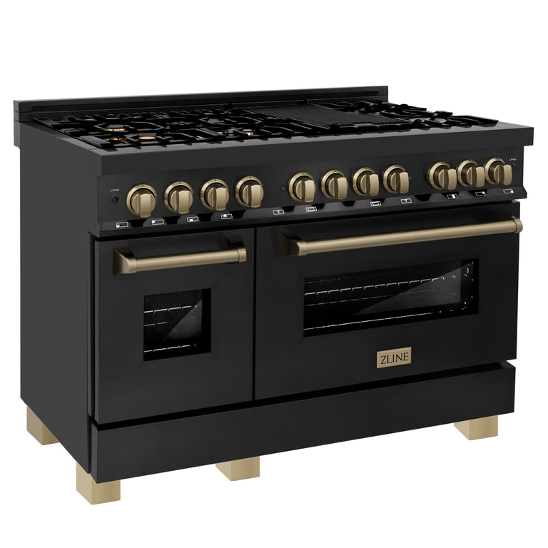 ZLINE Autograph Package - 48" Dual Fuel Range, Range Hood, Refrigerator, Microwave and Dishwasher in Black Stainless Steel with Bronze Accents