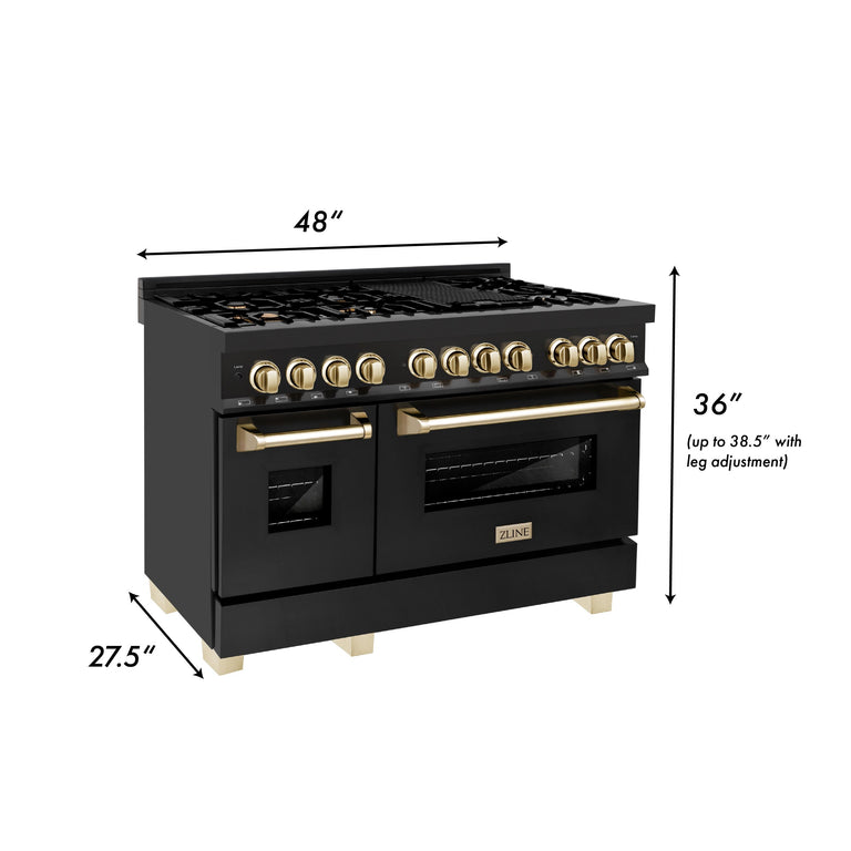 ZLINE Autograph Package - 48" Dual Fuel Range, Range Hood, Refrigerator, Microwave and Dishwasher in Black Stainless Steel with Gold Accents