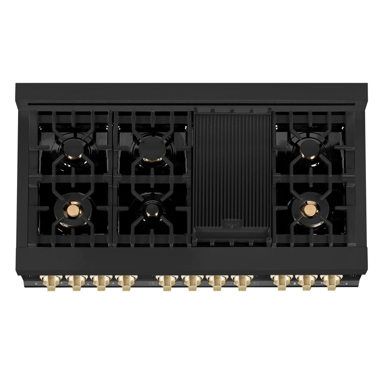 ZLINE Autograph Package - 48" Dual Fuel Range, Range Hood, Refrigerator, Microwave and Dishwasher in Black Stainless Steel with Gold Accents