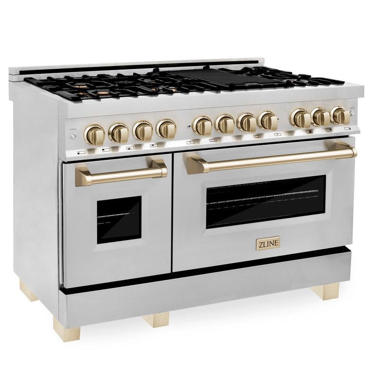 ZLINE Autograph Package - 48" Dual Fuel Range, Range Hood, Refrigerator with Water and Ice Dispenser, Microwave and Dishwasher in Stainless Steel with Gold Accents