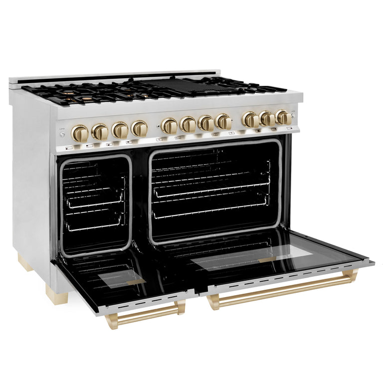 ZLINE Autograph Package - 48" Dual Fuel Range, Range Hood, Refrigerator with Water and Ice Dispenser, Microwave and Dishwasher in Stainless Steel with Gold Accents