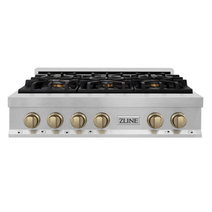 ZLINE Autograph Bronze Package - 36" Rangetop, 36" Range Hood, Dishwasher, Refrigerator, Microwave, Wall Oven