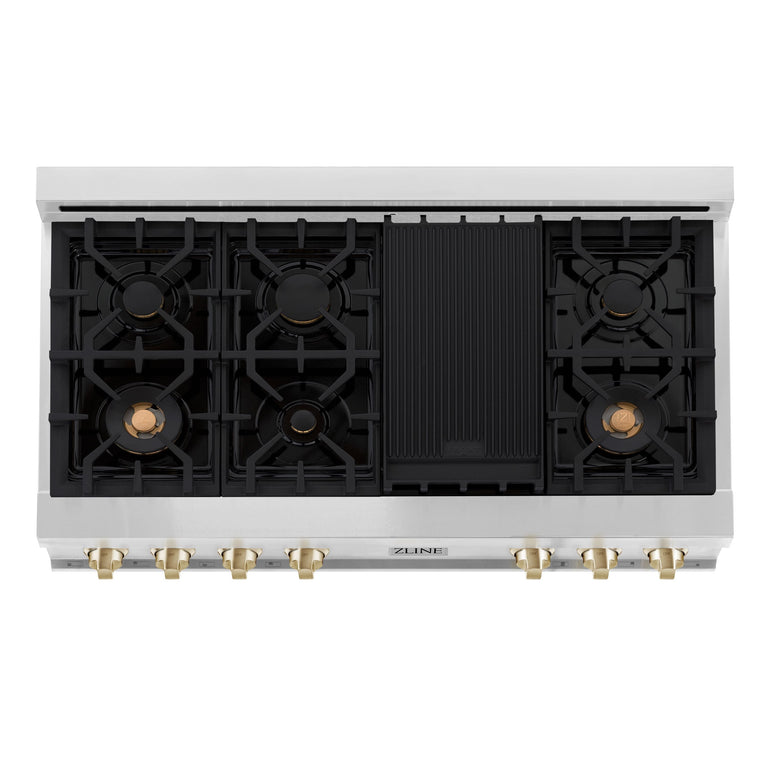 ZLINE Autograph Gold Package - 48" Rangetop, 48" Range Hood, Dishwasher, Refrigerator with External Water and Ice Dispenser, Microwave Oven