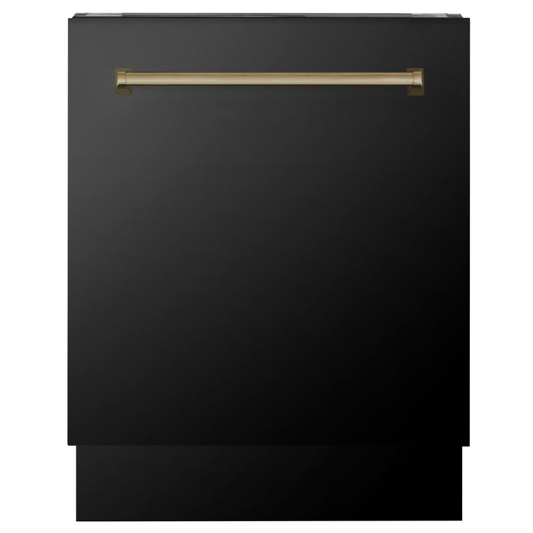 ZLINE Autograph Package - 36" Dual Fuel Range, Range Hood, Refrigerator, Microwave and Dishwasher in Black Stainless Steel with Bronze Accents