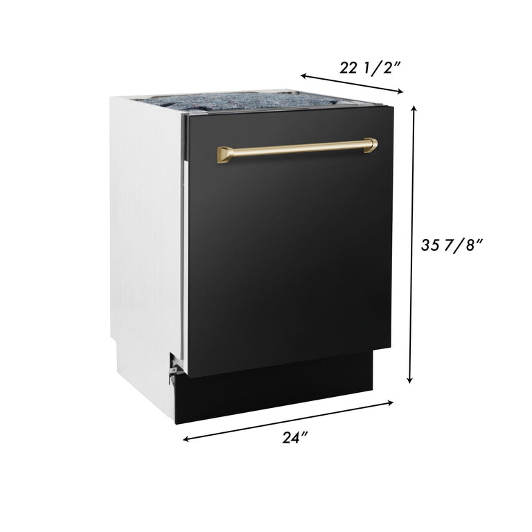 ZLINE Autograph Package - 36" Dual Fuel Range, Range Hood, Refrigerator with Water and Ice Dispenser, Microwave and Dishwasher in Black Stainless Steel with Gold Accents