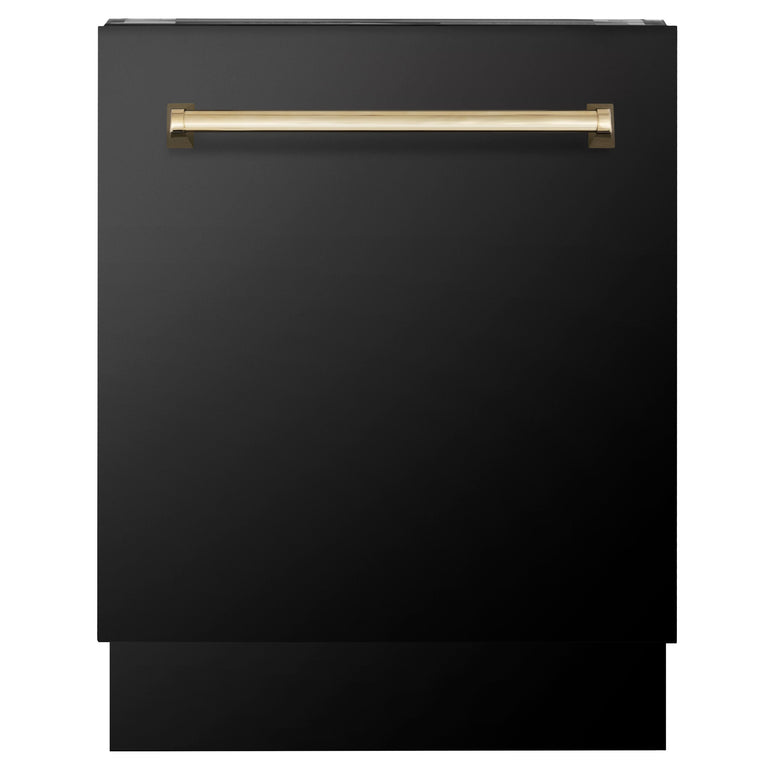 ZLINE Autograph Package - 36" Dual Fuel Range, Range Hood, Refrigerator with Water and Ice Dispenser, Microwave and Dishwasher in Black Stainless Steel with Gold Accents