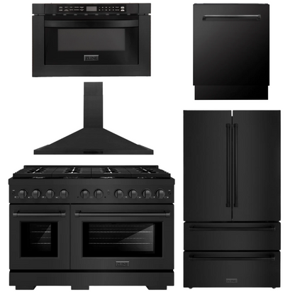 ZLINE Appliance Package - 48" Gas Range, Range Hood, 36" Refrigerator with Ice Maker, 24" Microwave Drawer and Dishwasher in Black Stainless Steel