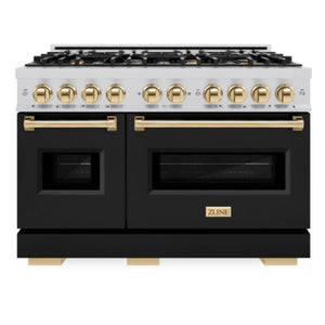 ZLINE Autograph 48" 6.7 cu. ft. Classic Double Oven Dual Fuel Range with 8 Burners in Stainless Steel with Black Matte Doors and Polished Gold Accents, CDRZ-BLM-48-G