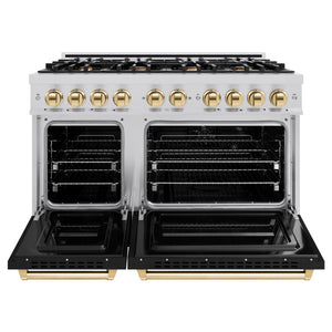 ZLINE Autograph 48" 6.7 cu. ft. Classic Double Oven Dual Fuel Range with 8 Burners in Stainless Steel with Black Matte Doors and Polished Gold Accents, CDRZ-BLM-48-G