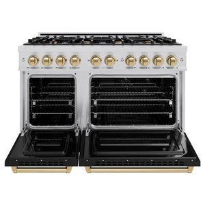 ZLINE Autograph 48" 6.7 cu. ft. Classic Double Oven Dual Fuel Range with 8 Burners in Stainless Steel with Black Matte Doors and Champagne Bronze Accents, CDRZ-BLM-48-CB