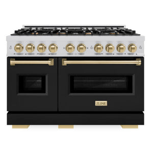 ZLINE Autograph 48" 6.7 cu. ft. Classic Double Oven Dual Fuel Range with 8 Burners in Stainless Steel with Black Matte Doors and Champagne Bronze Accents, CDRZ-BLM-48-CB