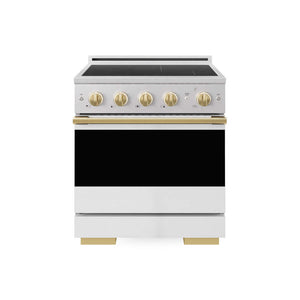 ZLINE Autograph Edition 30 in. 4.2 cu. ft. Marino Induction Range with 4 Element Cooktop and Electric Convection Oven in Satin Stainless Steel with White Matte Door and Polished Gold Accents (MINRSZ-WM-30-G)