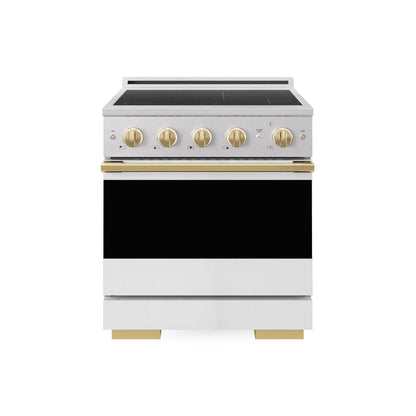 ZLINE Autograph Edition 30 in. 4.2 cu. ft. Marino Induction Range with 4 Element Cooktop and Electric Convection Oven in Satin Stainless Steel with White Matte Door and Polished Gold Accents (MINRSZ-WM-30-G)