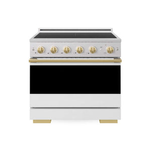 ZLINE Autograph Edition 36 in. 5.2 cu. ft. Marino Induction Range with 5 Element Cooktop and Electric Convection Oven in Satin Stainless Steel with White Matte Door and Polished Gold Accents (MINRSZ-WM-36-G)