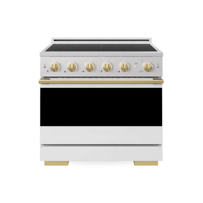 ZLINE Autograph Edition 36 in. 5.2 cu. ft. Marino Induction Range with 5 Element Cooktop and Electric Convection Oven in Satin Stainless Steel with White Matte Door and Polished Gold Accents (MINRSZ-WM-36-G)