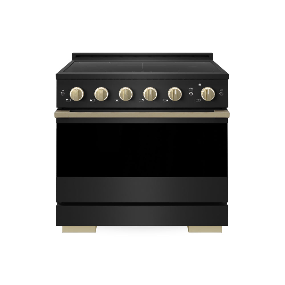 ZLINE Autograph 36 in. 5.2 cu. ft. Marino Induction Range with 5 Element Cooktop and Electric Convection Oven in Black Stainless Steel with Champagne Bronze Accents, MINRBZ-36-CB - Front Hero View