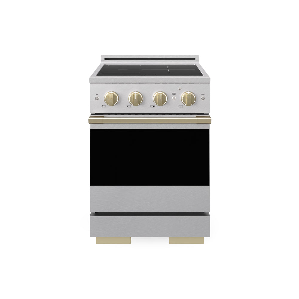 ZLINE Autograph 24 in. 3.2 cu. ft. Marino Induction Range with 3 Element Cooktop and Electric Convection Oven in Satin Stainless Steel with Champagne Bronze Accents, MINRSZ-24-CB - Front Hero View