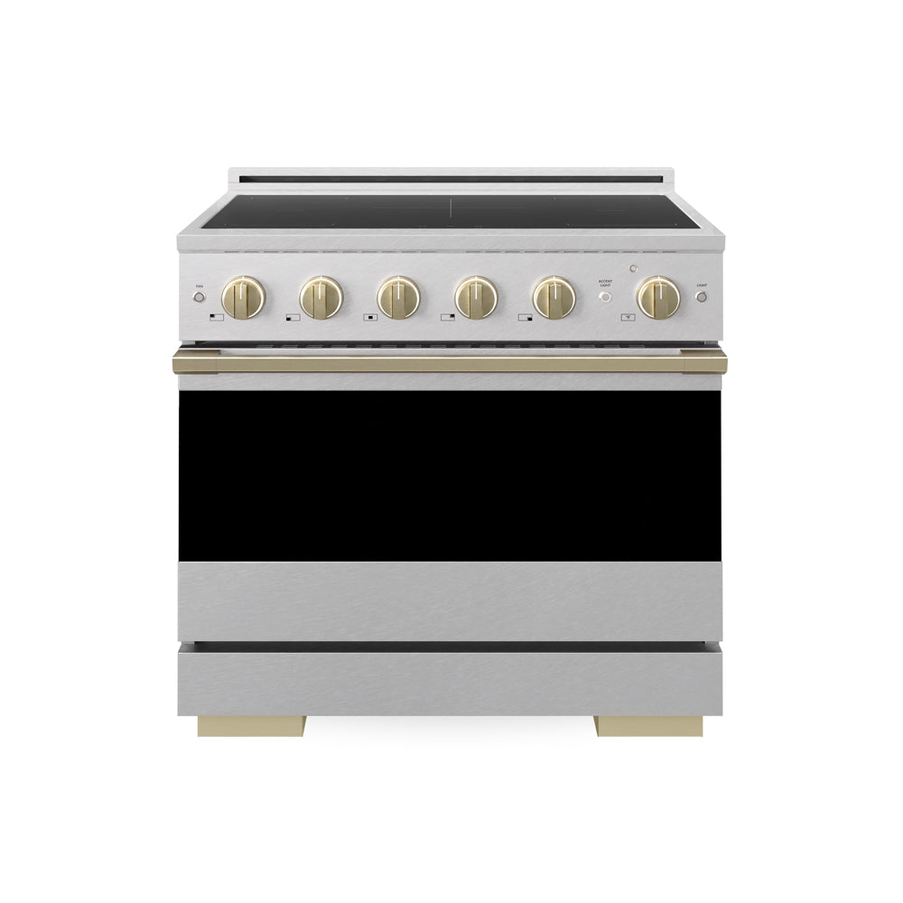 ZLINE Autograph 36 in. 5.2 cu. ft. Marino Induction Range with 5 Element Cooktop and Electric Convection Oven in Satin Stainless Steel with Champagne Bronze Accents, MINRSZ-36-CB - Front Hero View