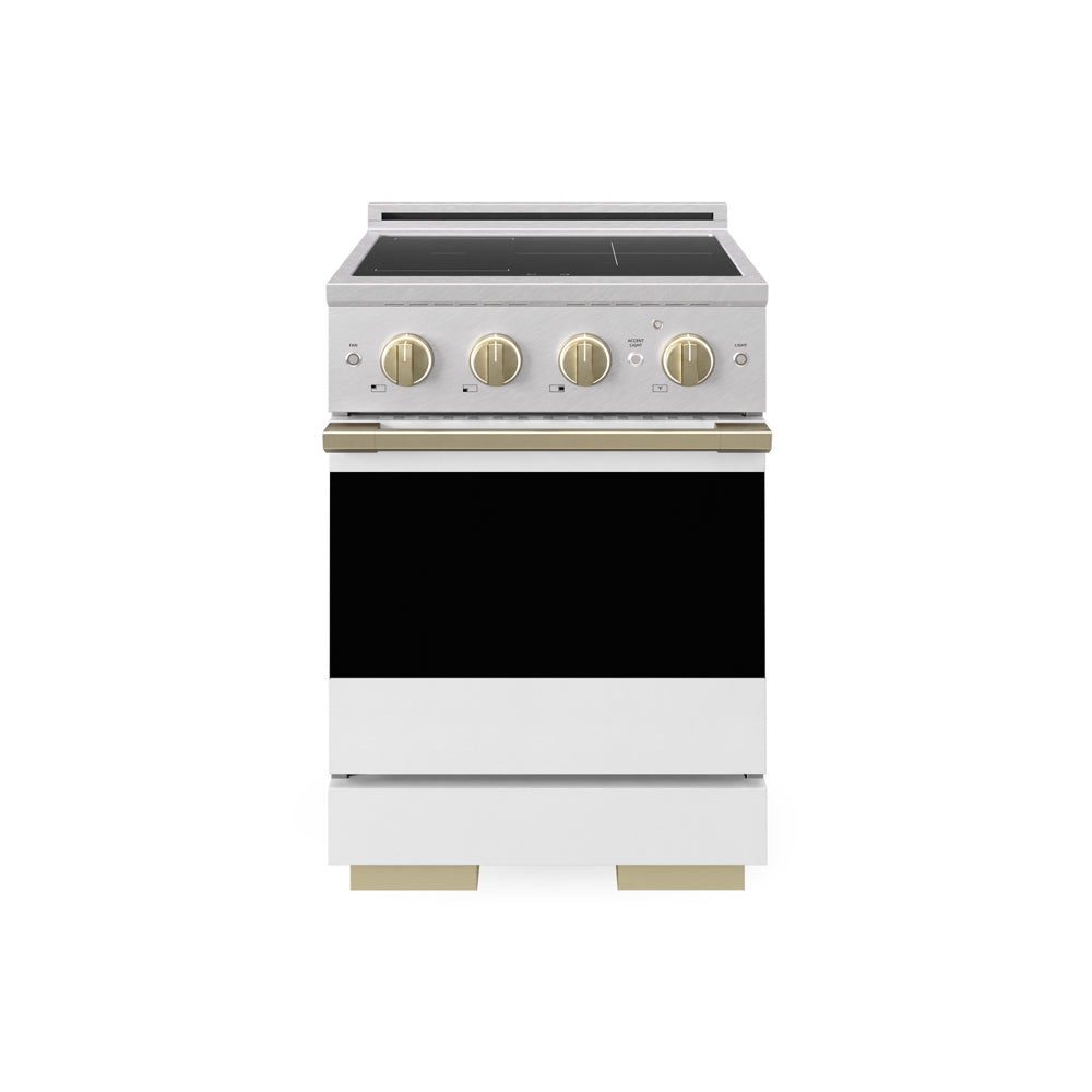 ZLINE Autograph 24 in. 3.2 cu. ft. Marino Induction Range with 3 Element Cooktop and Electric Convection Oven in Satin Stainless Steel with White Matte Door and Champagne Bronze Accents, MINRSZ-WM-24-CB - Front Hero View