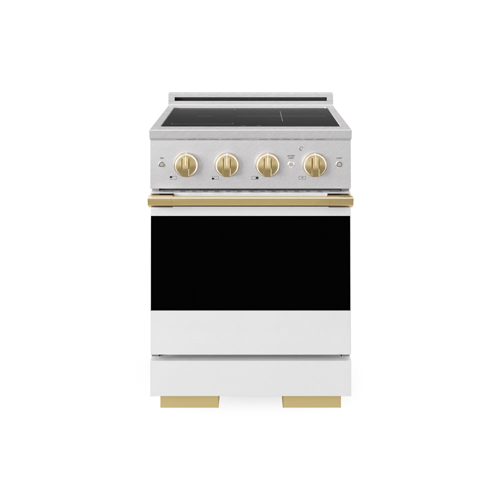 ZLINE Autograph 24 in. 3.2 cu. ft. Marino Induction Range with 3 Element Cooktop and Electric Convection Oven in Satin Stainless Steel with White Matte Door and Polished Gold Accents, MINRSZ-WM-24-G - Front Hero View