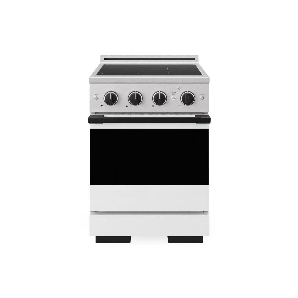 ZLINE Autograph 24 in. 3.2 cu. ft. Marino Induction Range with 3 Element Cooktop and Electric Convection Oven in Satin Stainless Steel with White Matte Door and Matte Black Accents, MINRSZ-WM-24-MB - Front Hero View