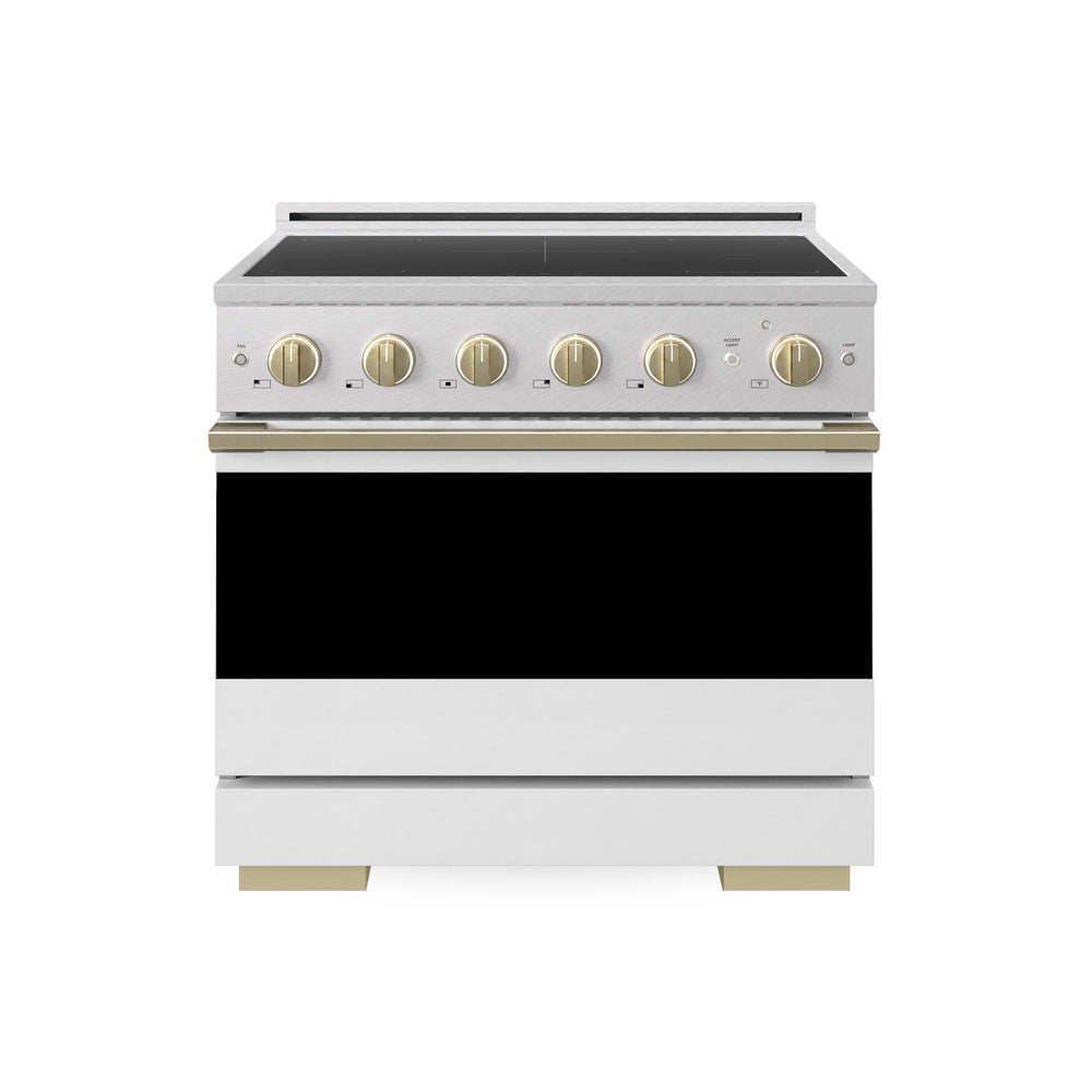 ZLINE Autograph 36 in. 5.2 cu. ft. Marino Induction Range with 5 Element Cooktop and Electric Convection Oven in Satin Stainless Steel with White Matte Door and Champagne Bronze Accents, MINRSZ-WM-36-CB - Front Hero View