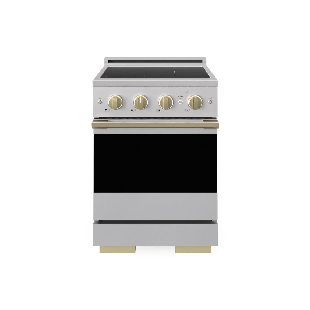 ZLINE Autograph 24 in. 3.2 cu. ft. Marino Induction Range with 3 Element Cooktop and Electric Convection Oven in Stainless Steel with Champagne Bronze Accents, MINRZ-24-CB - Front Hero View