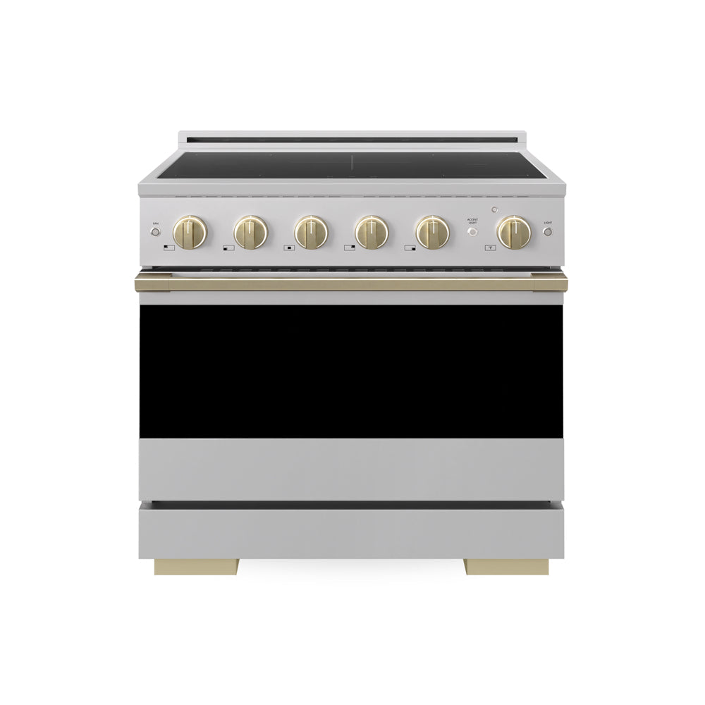 ZLINE Autograph 36 in. 5.2 cu. ft. Marino Induction Range with 5 Element Cooktop and Electric Convection Oven in Stainless Steel with Champagne Bronze Accents, MINRZ-36-CB - Front Hero View