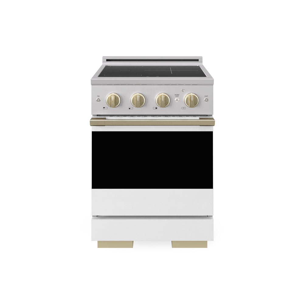 ZLINE Autograph 24 in. 3.2 cu. ft. Marino Induction Range with 3 Element Cooktop and Electric Convection Oven in Stainless Steel with White Matte Door and Champagne Bronze Accents, MINRZ-WM-24-CB - Front Hero View