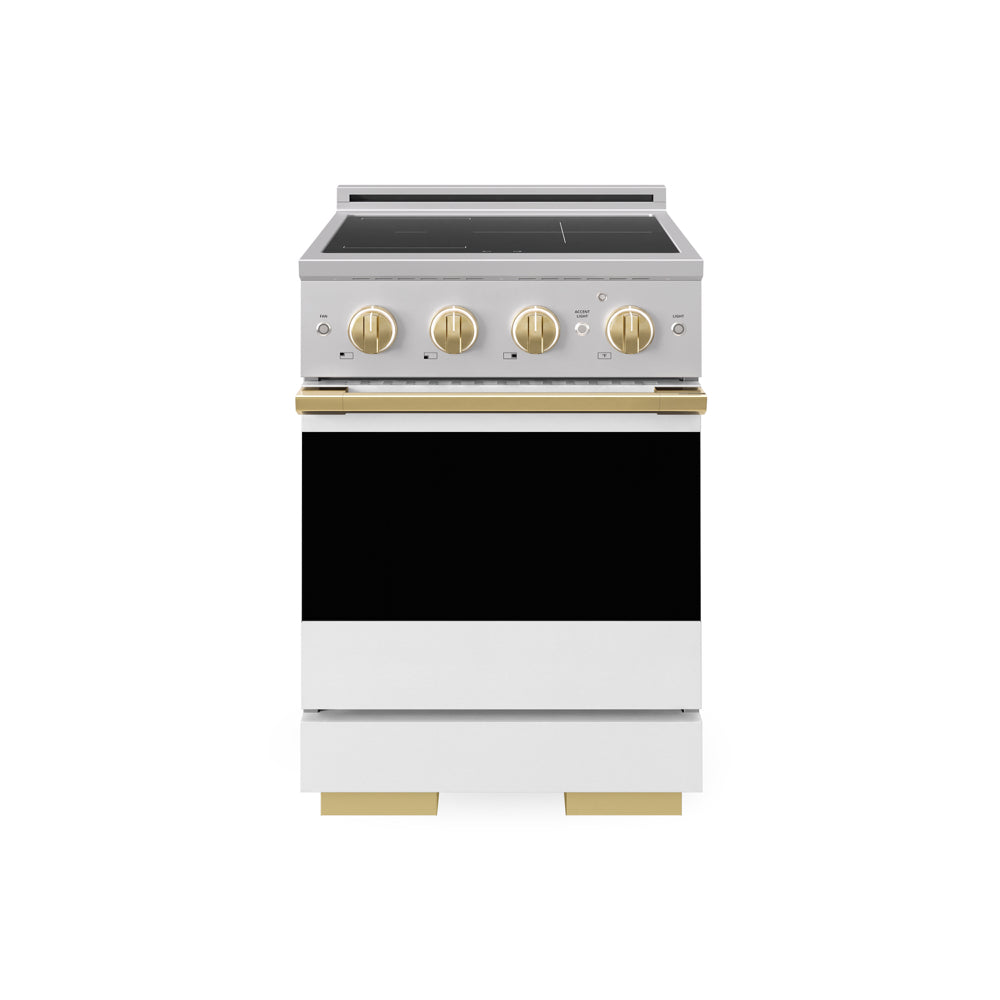 ZLINE Autograph 24 in. 3.2 cu. ft. Marino Induction Range with 3 Element Cooktop and Electric Convection Oven in Stainless Steel with White Matte Door and Polished Gold Accents, MINRZ-WM-24-G - Front Hero View