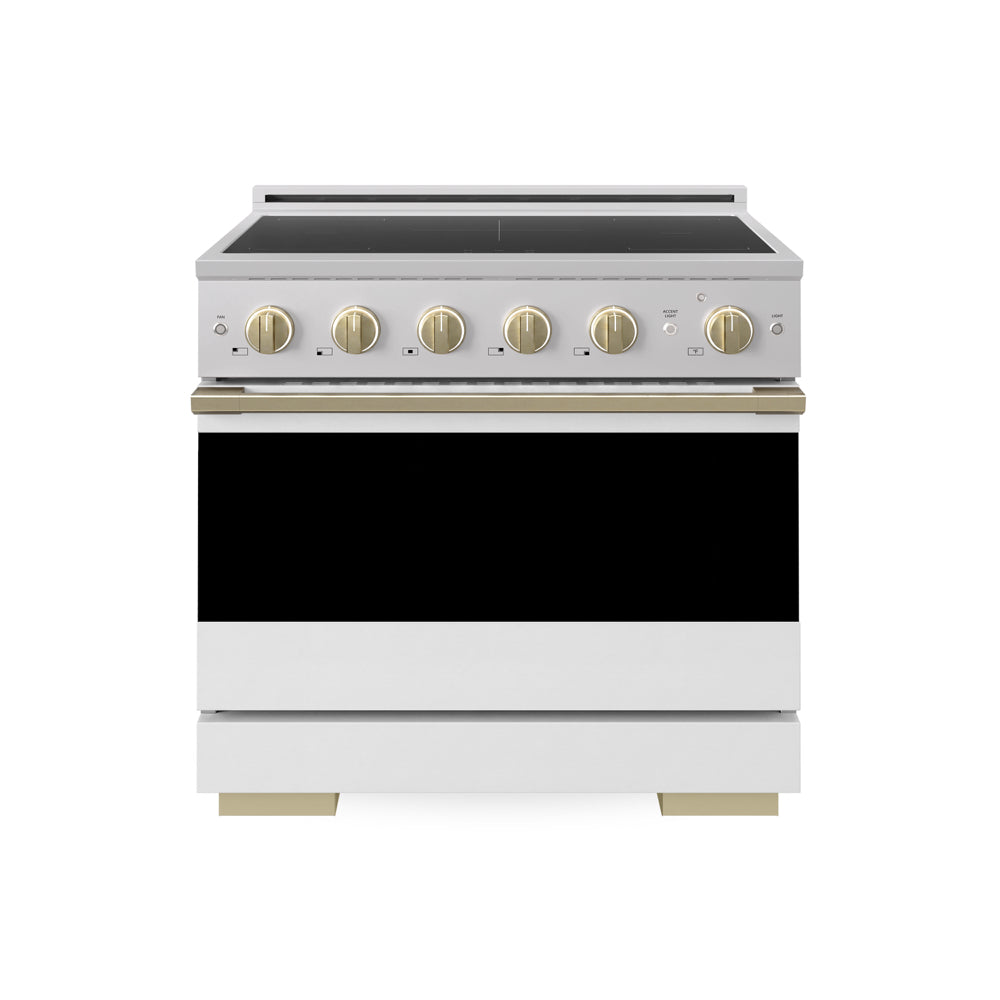 ZLINE Autograph 36 in. 5.2 cu. ft. Marino Induction Range with 5 Element Cooktop and Electric Convection Oven in Stainless Steel with White Matte Door and Champagne Bronze Accents, MINRZ-WM-36-CB - Front Hero View