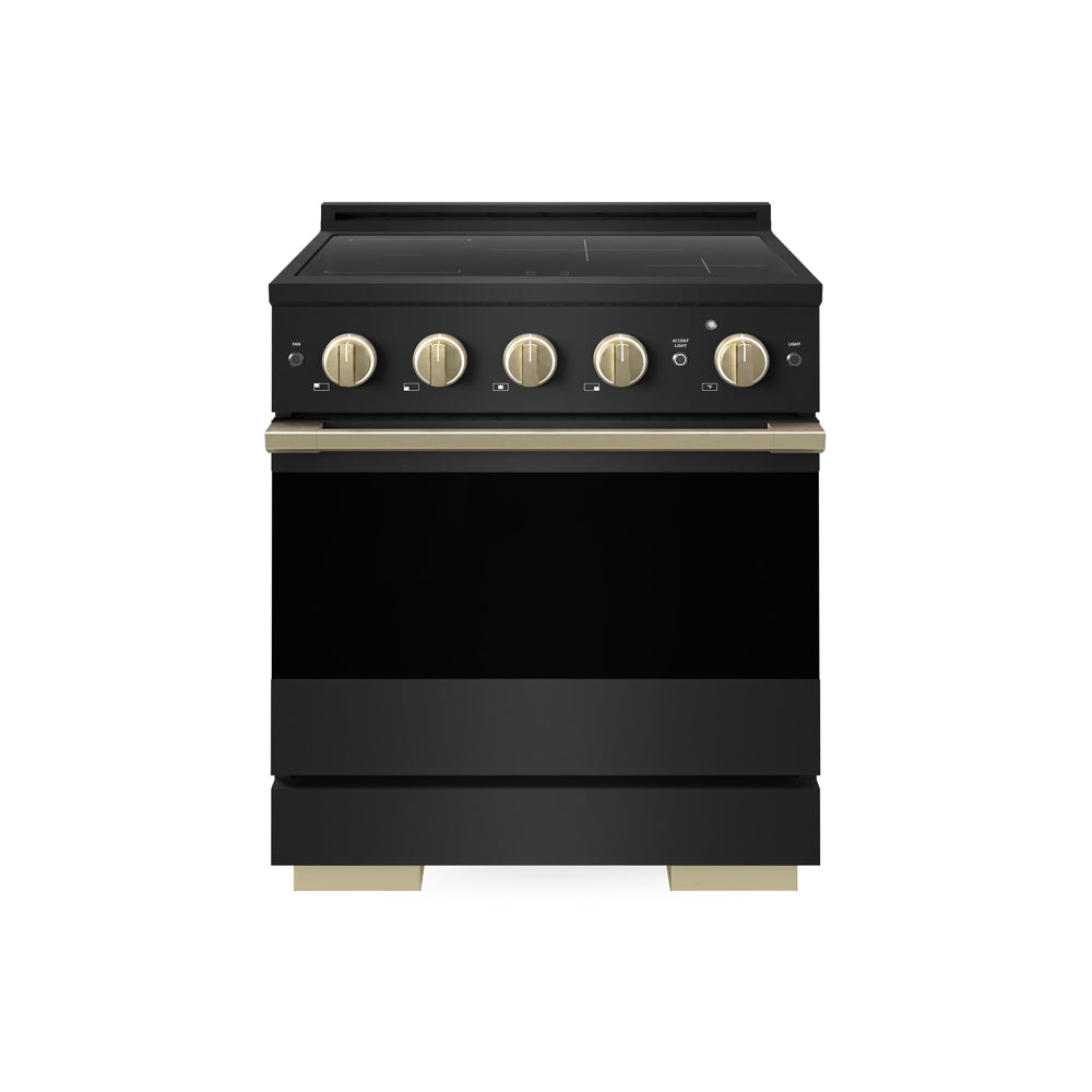 ZLINE Autograph 30 in. 4.2 cu. ft. Marino Induction Range with 4 Element Cooktop and Electric Convection Oven in Black Stainless Steel with Champagne Bronze Accents, MINRBZ-30-CB - Front Hero View