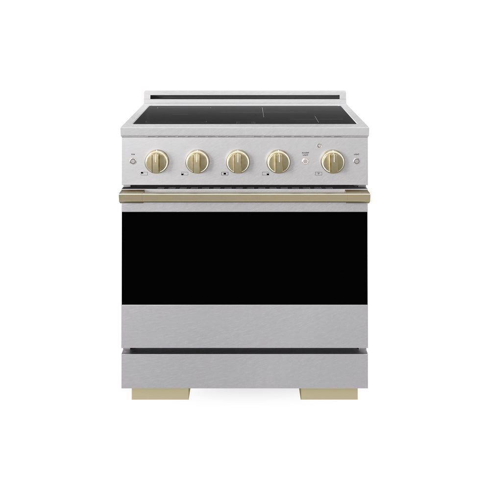 ZLINE Autograph 30 in. 4.2 cu. ft. Marino Induction Range with 4 Element Cooktop and Electric Convection Oven in Satin Stainless Steel with Champagne Bronze Accents, MINRSZ-30-CB - Front Hero View