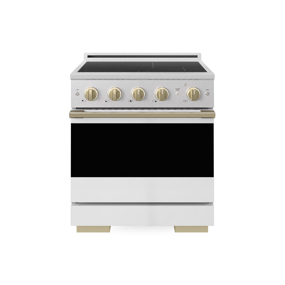 ZLINE Autograph 30 in. 4.2 cu. ft. Marino Induction Range with 4 Element Cooktop and Electric Convection Oven in Satin Stainless Steel with White Matte Door and Champagne Bronze Accents, MINRSZ-WM-30-CB - Front Hero View
