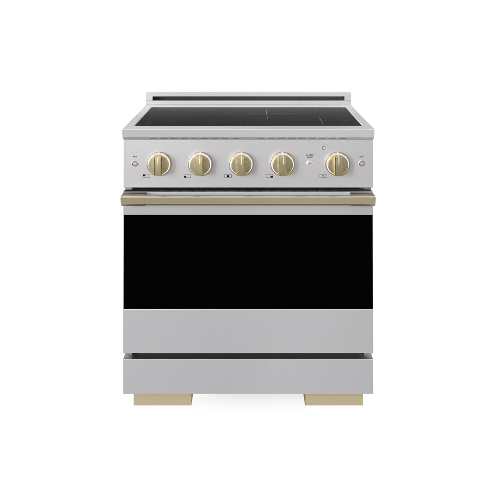 ZLINE Autograph 30 in. 4.2 cu. ft. Marino Induction Range with 4 Element Cooktop and Electric Convection Oven in Stainless Steel with Champagne Bronze Accents, MINRZ-30-CB - Front Hero View