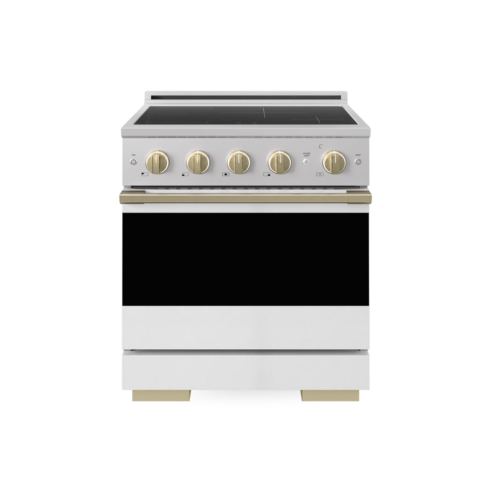 ZLINE Autograph 30 in. 4.2 cu. ft. Marino Induction Range with 4 Element Cooktop and Electric Convection Oven in Stainless Steel with White Matte Door and Champagne Bronze Accents, MINRZ-WM-30-CB - Front Hero View