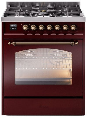 ILVE Nostalgie II 30" Dual Fuel Propane Gas Range in Burgundy with Bronze Trim, UP30NMPBUBLP