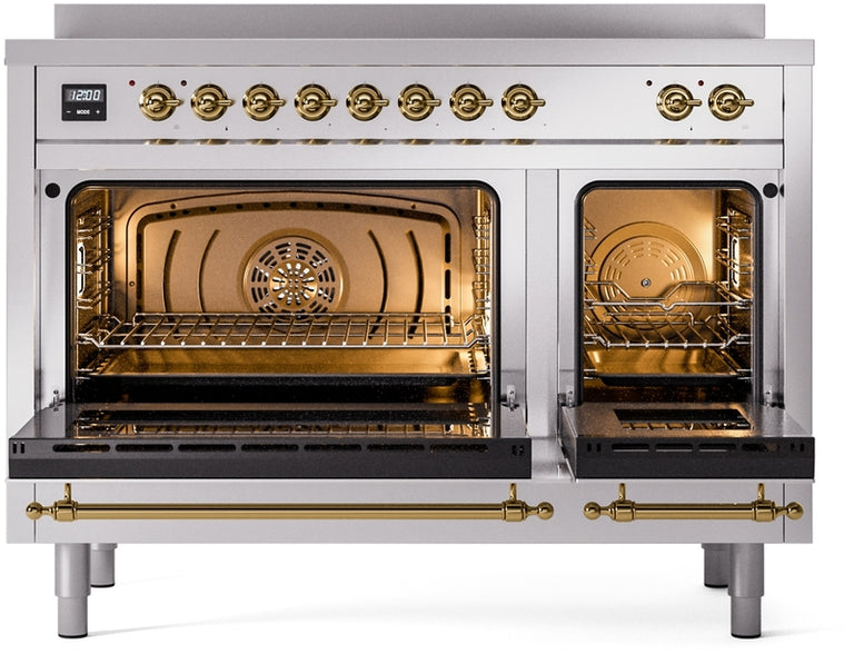 ILVE Nostalgie II 48" Induction Range with Element Stove and Electric Oven in Stainless Steel with Brass Trim, UPI486NMPSSG