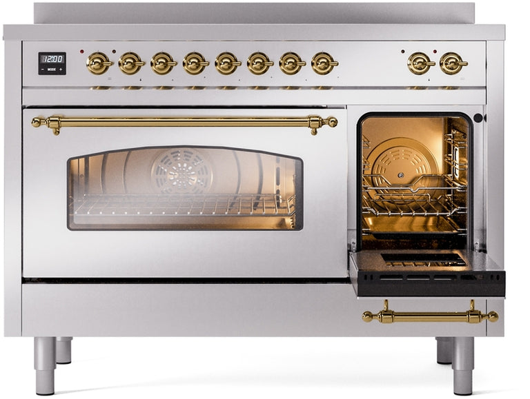 ILVE Nostalgie II 48" Induction Range with Element Stove and Electric Oven in Stainless Steel with Brass Trim, UPI486NMPSSG