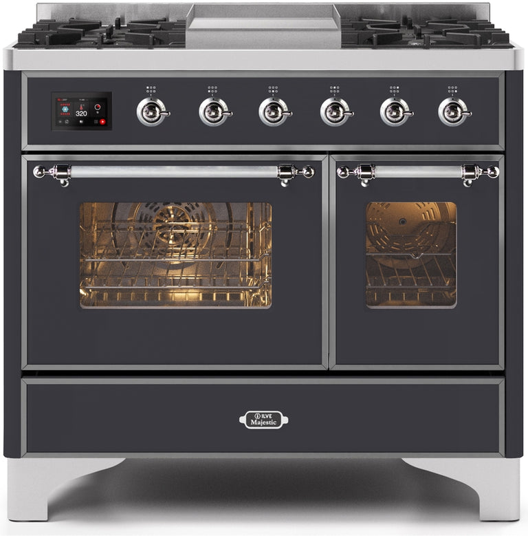 ILVE Majestic II 40" Dual Fuel Natural Gas Range in Matte Graphite with Chrome Trim, UMD10FDNS3MGC