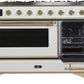 ILVE Majestic II 48" Dual Fuel Natural Gas Range in White with Brass Trim, UM12FDNS3WHG