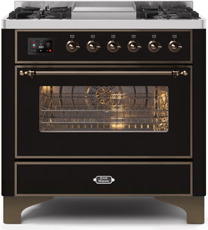 ILVE Majestic II 36" Dual Fuel Natural Gas Range in Glossy Black with Bronze Trim, UM09FDNS3BKB